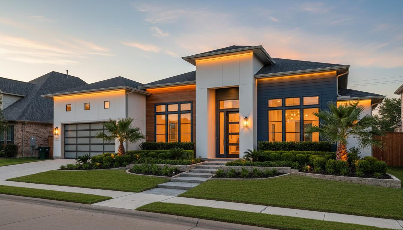Modern Houston home at golden hour - well maintained suburban residence