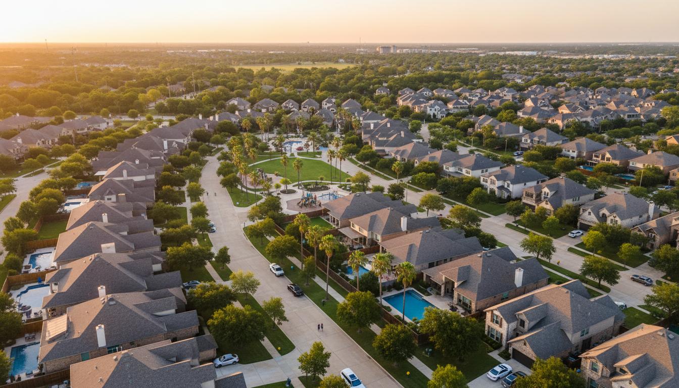 Houston suburban neighborhood aerial view - well maintained homes