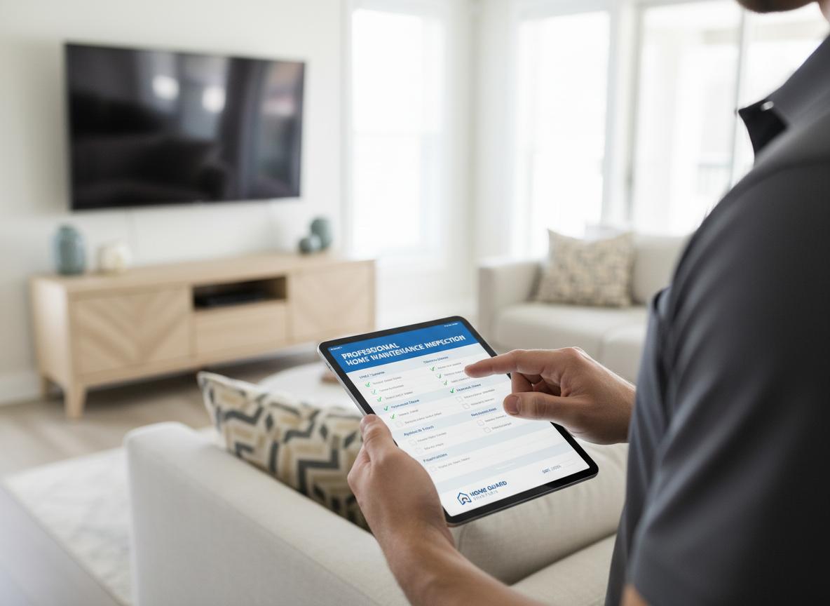 Technician using digital checklist for home maintenance inspection